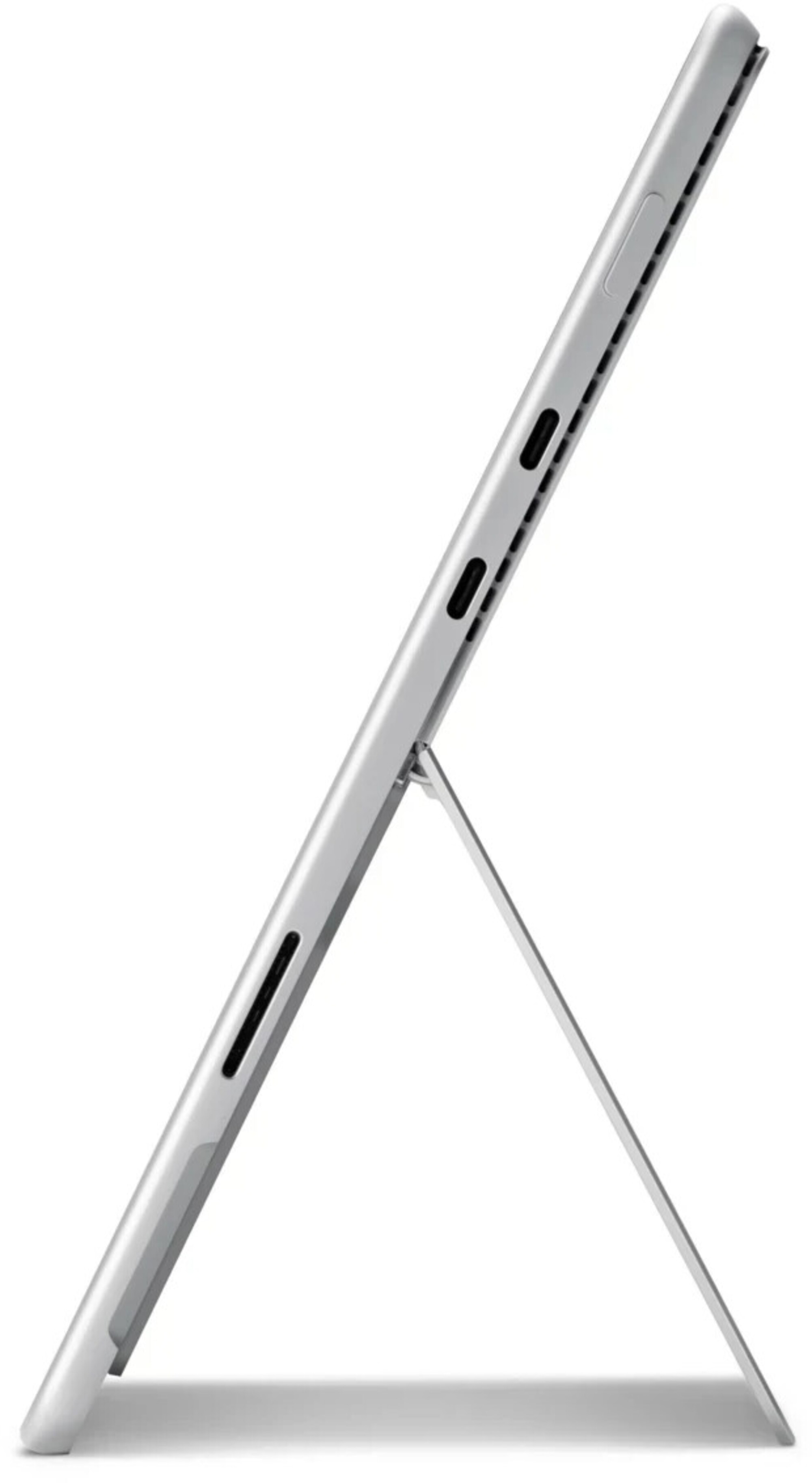 Ein silbernes Tablet mit Ständer auf weißem Hintergrund.