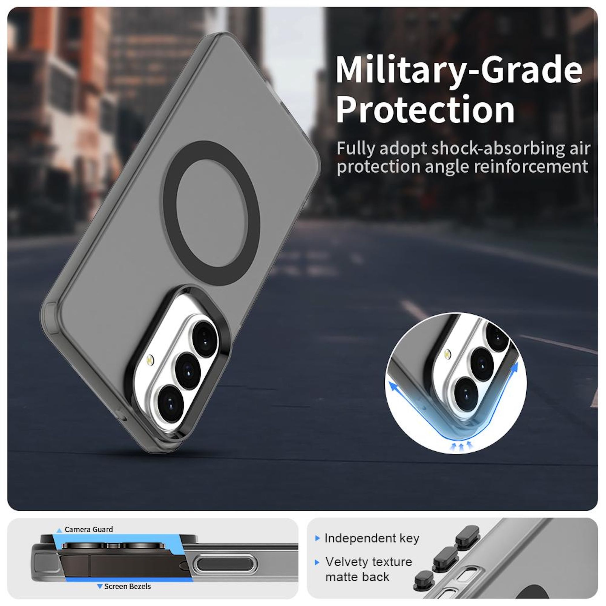 Graue Handyhülle mit Kamera-Schutz und Magnetring. Stadt im Hintergrund.