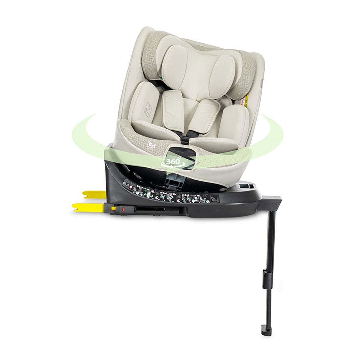 Ein beiger Kindersitz mit 360-Grad-Schwenkbasis und ISOFIX-Konnektoren.