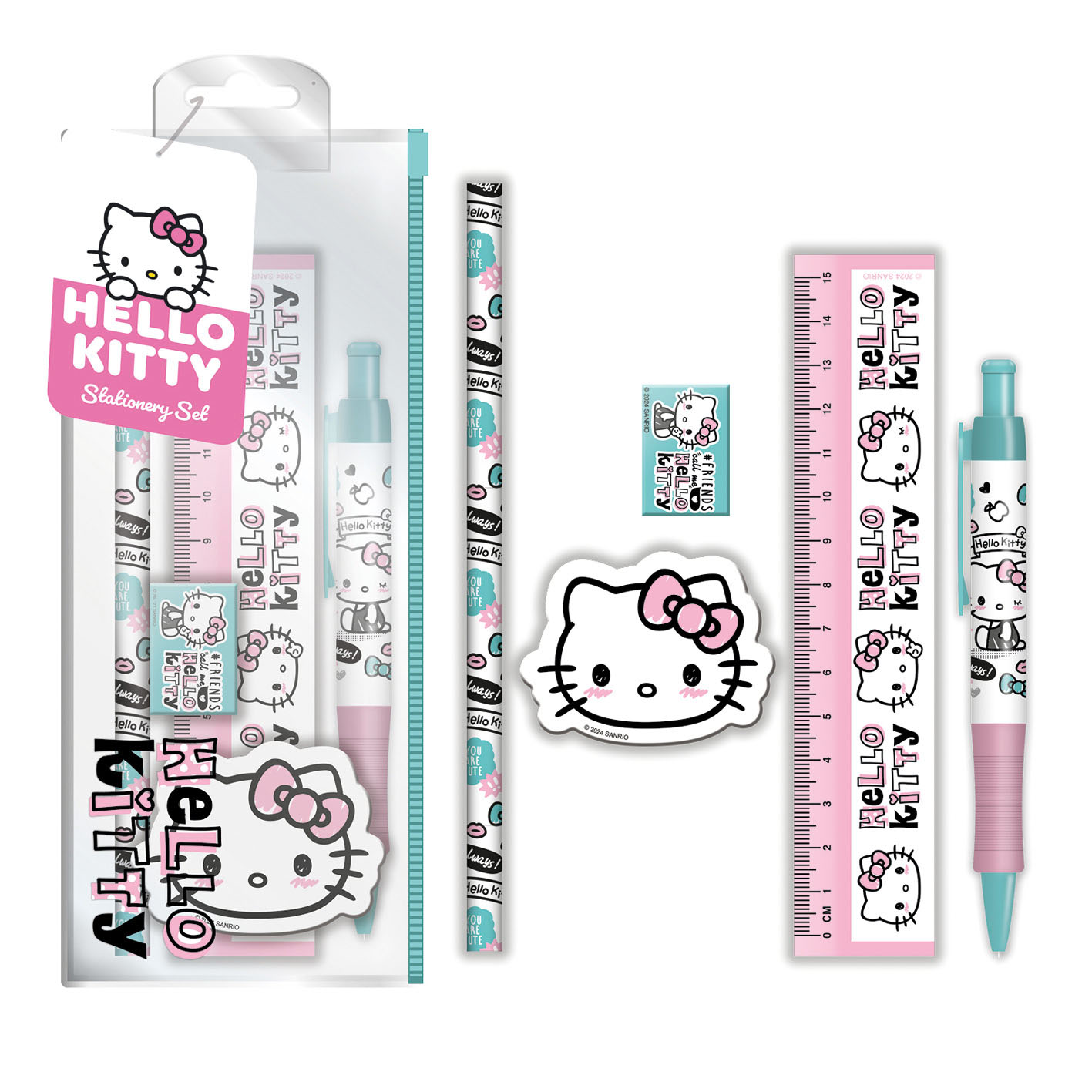 Hello Kitty Schreibwaren-Set mit Lineal, Stiften, Aufklebern und Radiergummi.