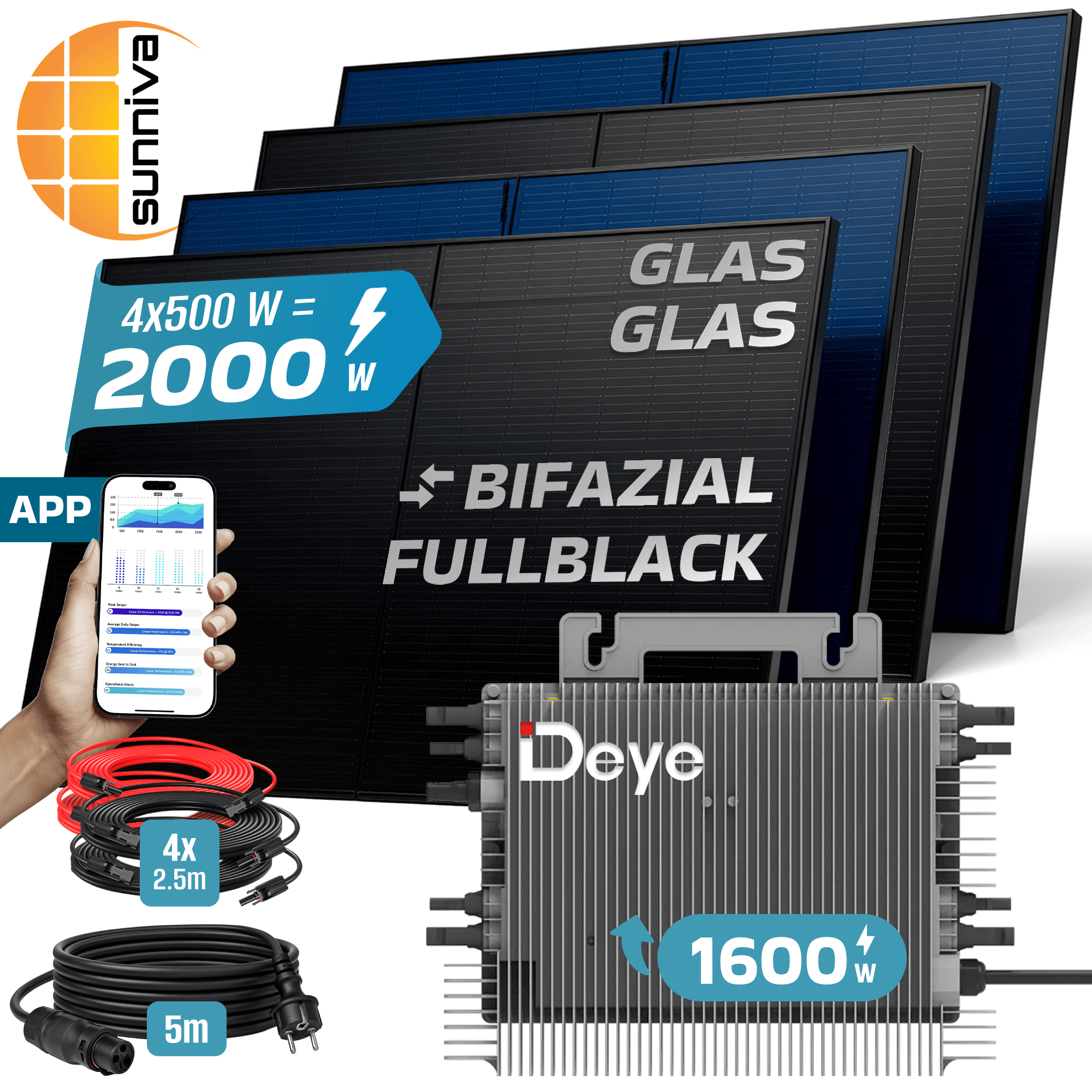 Solarmodule, Wechselrichter, Kabel und eine App-Anzeige. 4x500W = 2000W.
