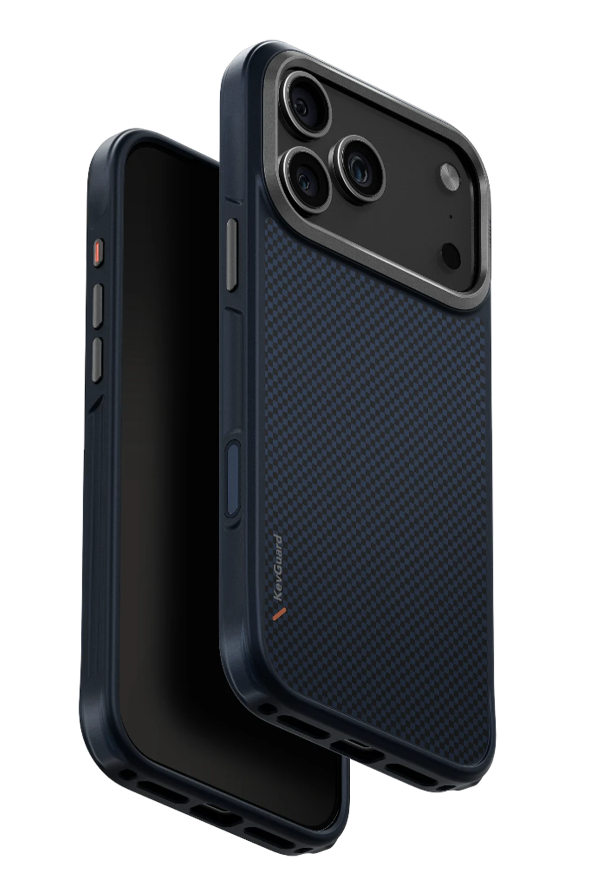 Karbon desenli ve kamera çerçeveli lacivert iPhone kılıfı.