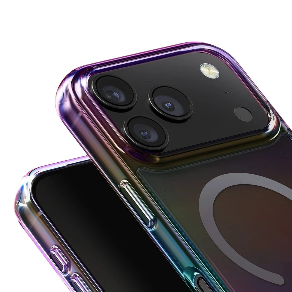 Renkli geçişli şeffaf iPhone kılıfı üç kamera ve manyetik halka gösteriyor.