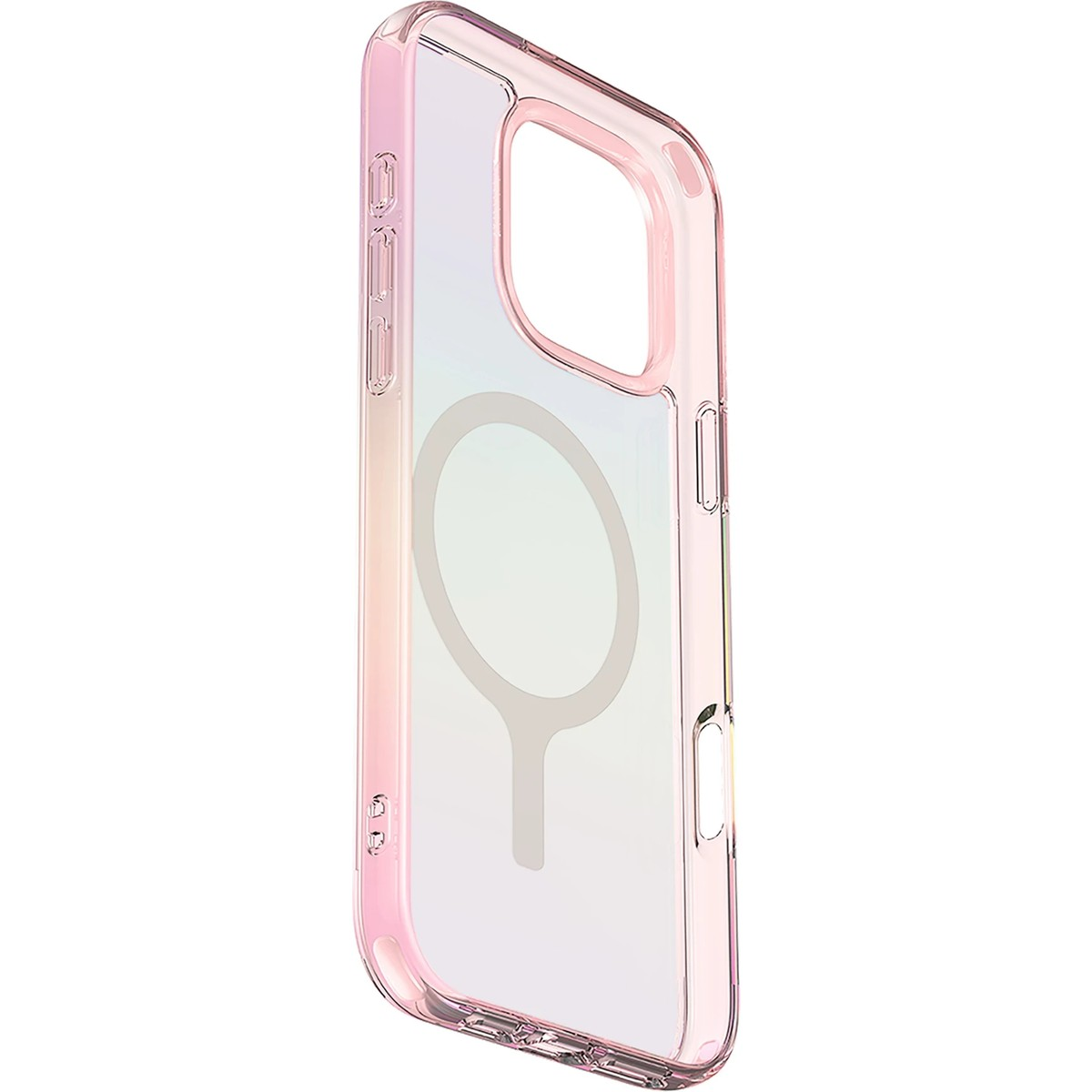 MagSafe halkalı, pembe kenarlı şeffaf telefon kılıfı.
