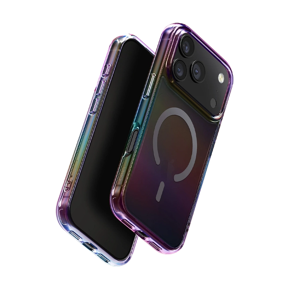 Üç kameralı, manyetik halkalı şeffaf, yanardöner iPhone kılıfı.