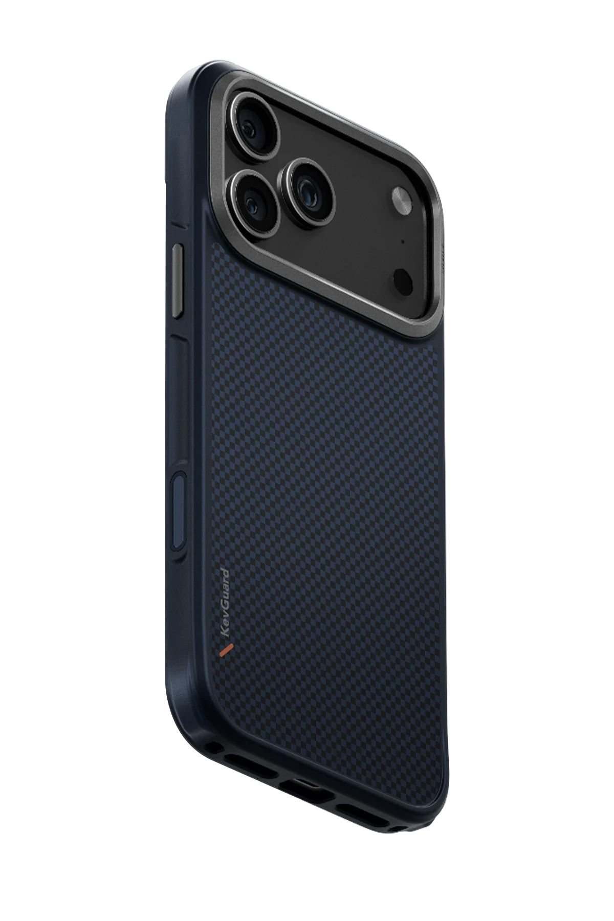 Karbon fiber desenli lacivert telefon kılıfı ve kamera adası.