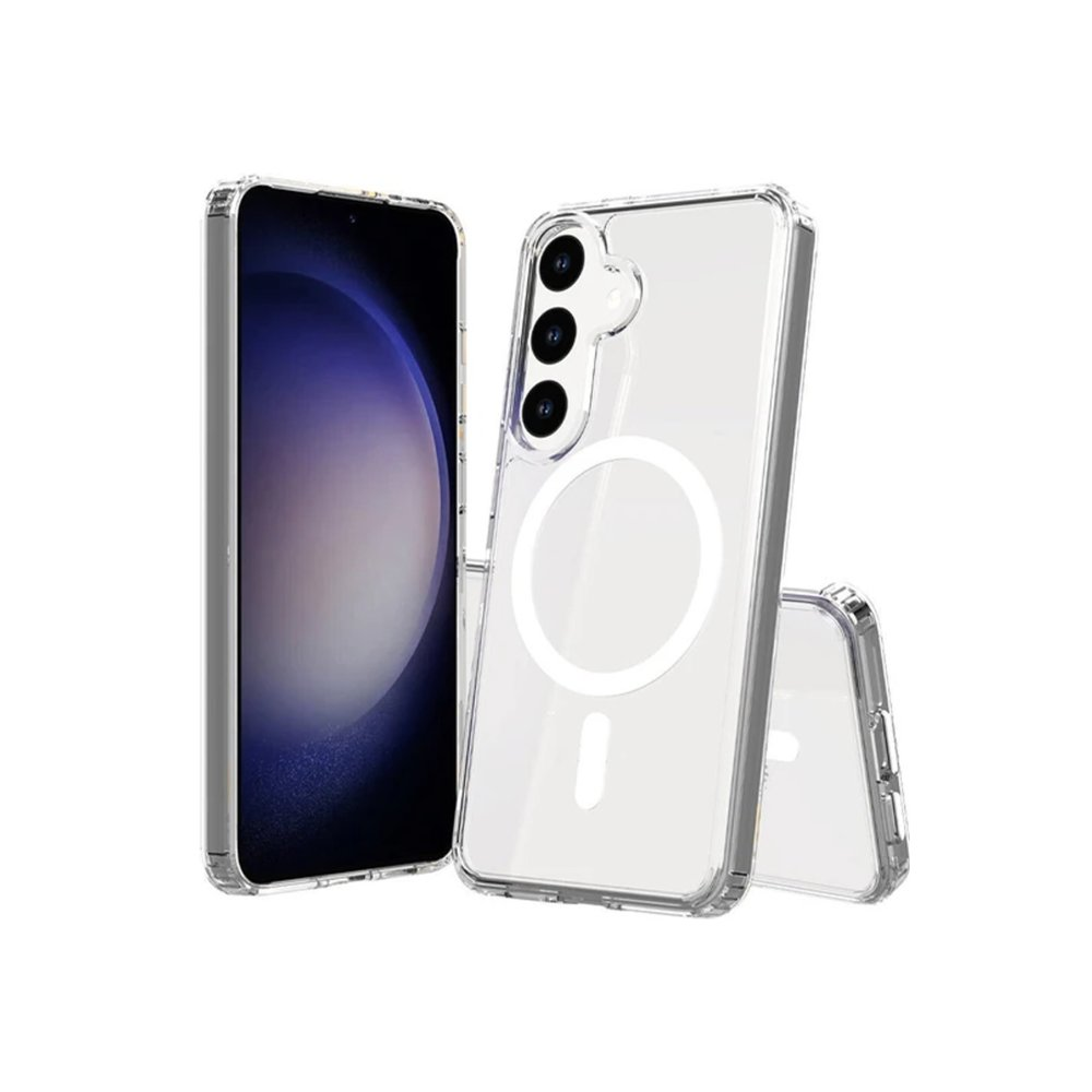 MagSafe halkalı şeffaf telefon kılıfı, akıllı telefonun yanında.