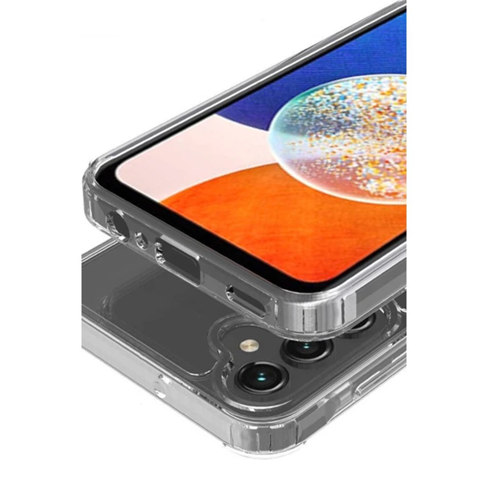 Şeffaf telefon kılıfı, kamera ve ekrana sahip bir akıllı telefonu gösteriyor.