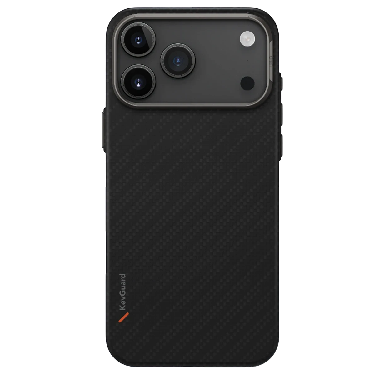 Karbon fiber desenli siyah telefon kılıfı ve üçlü kamera lensi.