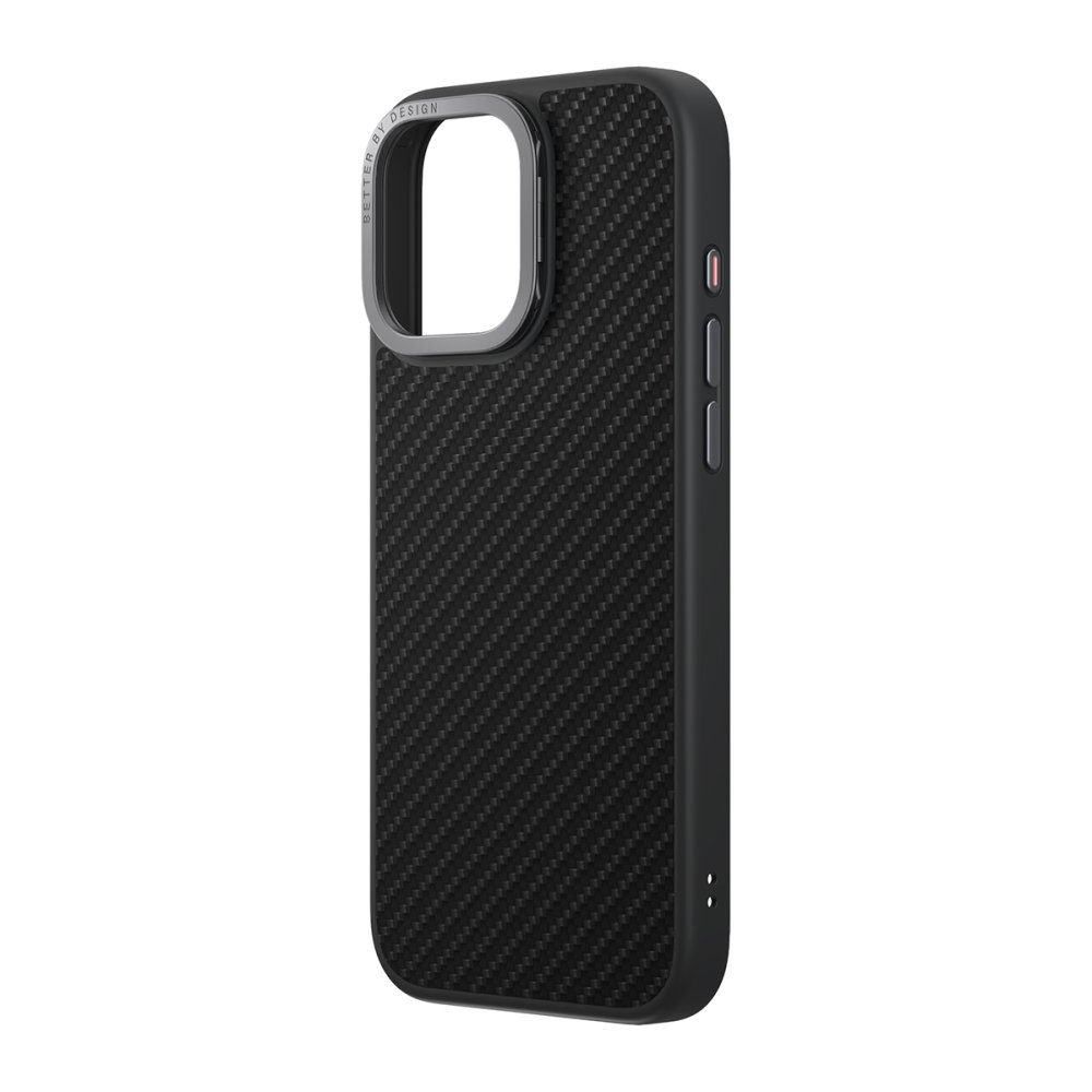 Karbon desenli ve gümüş kamera halkalı siyah telefon kılıfı.