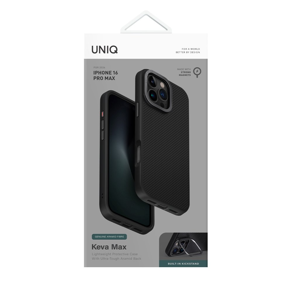iPhone 16 Pro Max için yerleşik stantlı siyah UNIQ Keva Max kılıf.