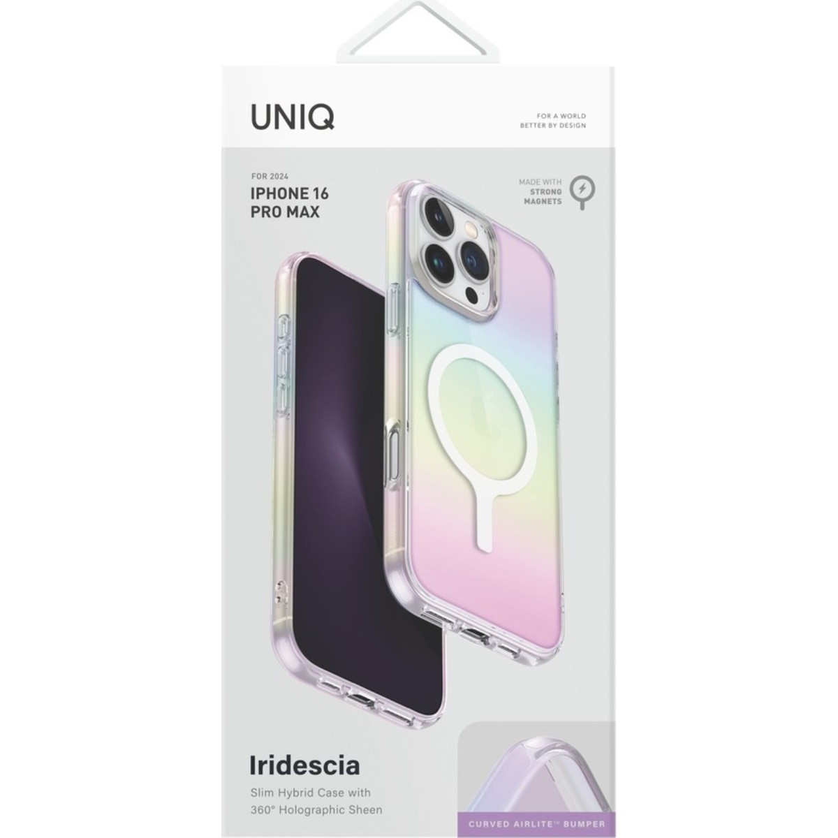 Holografik parlaklığa ve mıknatıslara sahip şeffaf iPhone 16 Pro Max kılıfı.