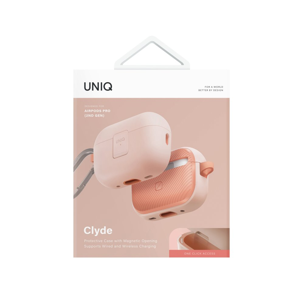 İki adet pastel pembe UNIQ AirPod Pro kılıfı. Biri karabinalı.
