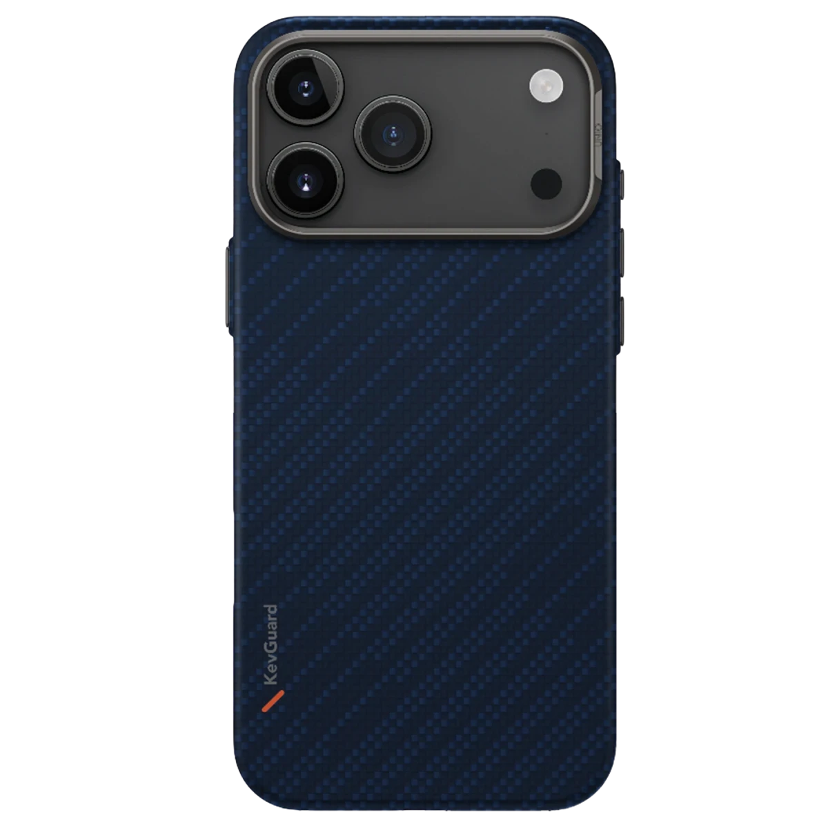 Karbon fiber desenli lacivert telefon kılıfı ve kamera modülü.