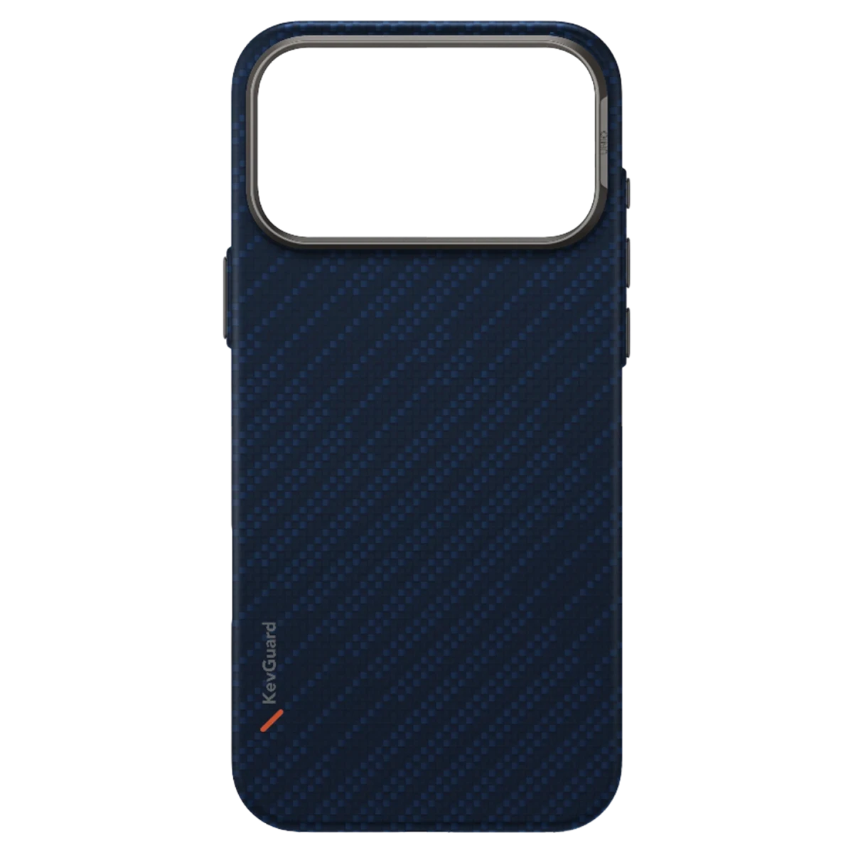 Karbon desenli lacivert telefon kılıfı ve gümüş kamera çerçevesi.