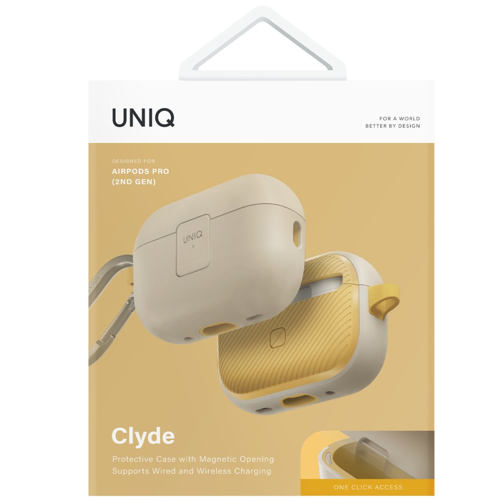 UNIQ logosu ve karabinası olan iki bej ve sarı Airpods Pro kılıfı.