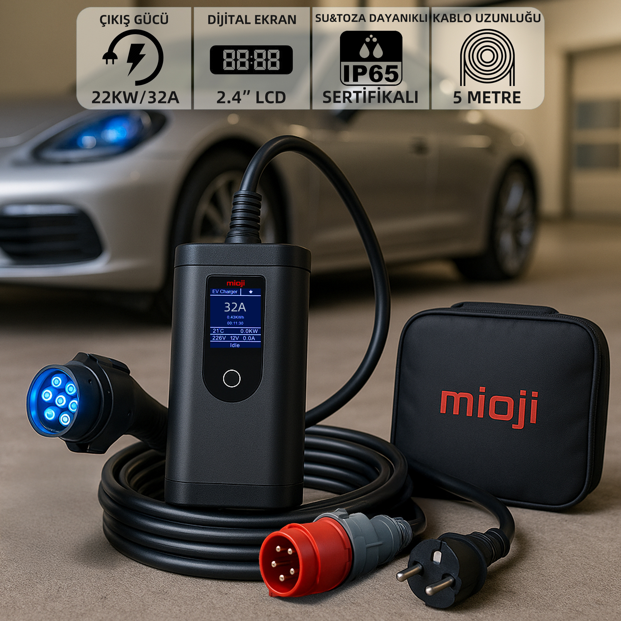 MIOJI Mio FC22 3.5/22KW 16/32A LCD Ekran IP65 (Dönüştürücü Fiş Hediyeli) Araç Şarj Cihazı Siyah