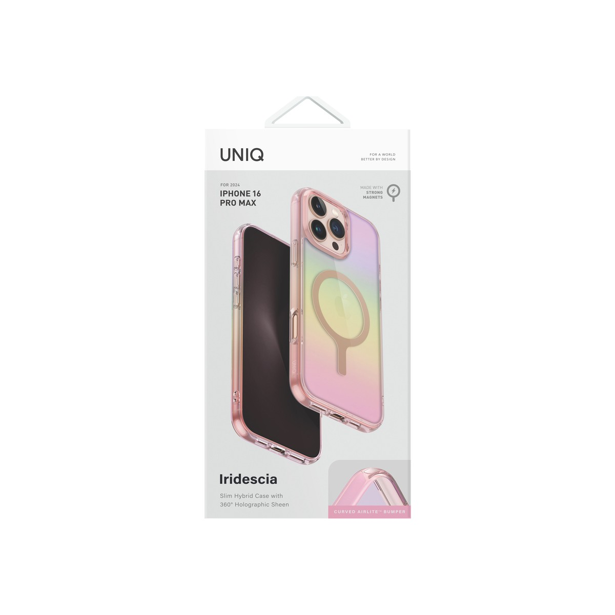 Holografik parlaklığa ve mıknatıslara sahip iPhone 16 Pro Max için UNIQ kılıf.