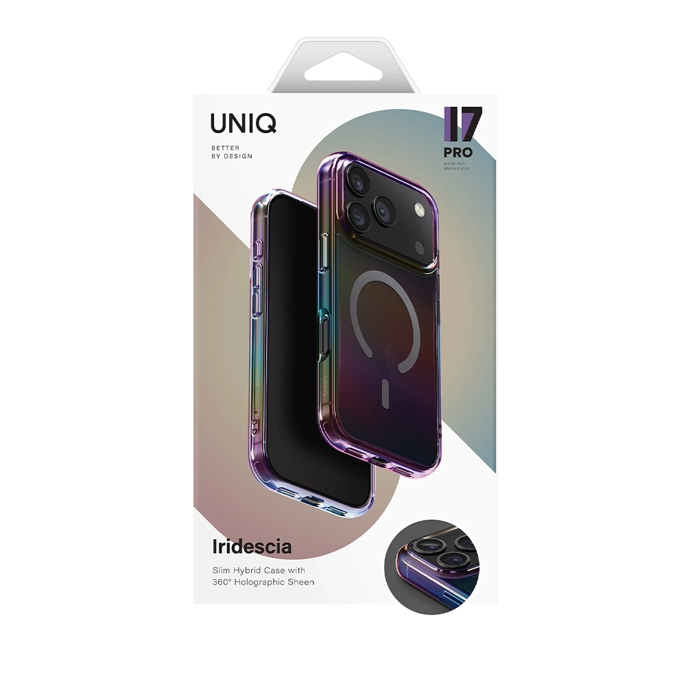 iPhone 17 Pro için holografik UNIQ telefon kılıfı. Manyetik halka.