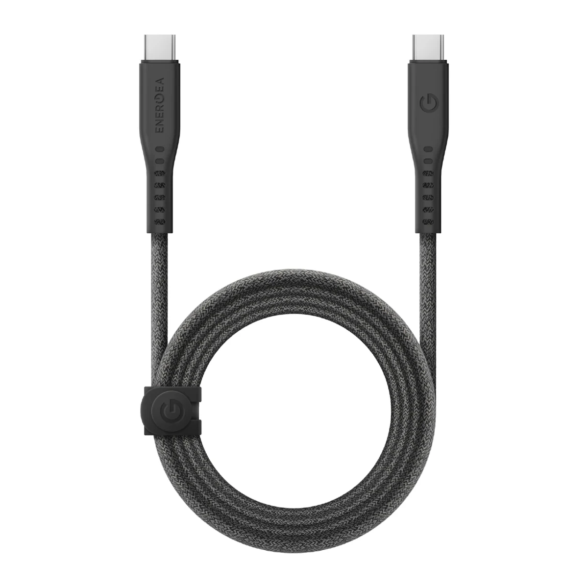 İki konektörlü gri USB-C kablosu, cırt cırtlı bantla sarılmış.