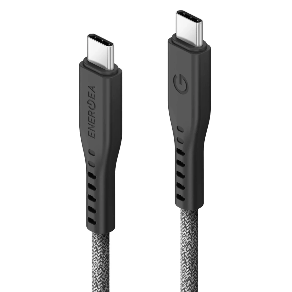 Gri örgülü kabloları ve gümüş konektörleri olan iki siyah USB-C kablosu.