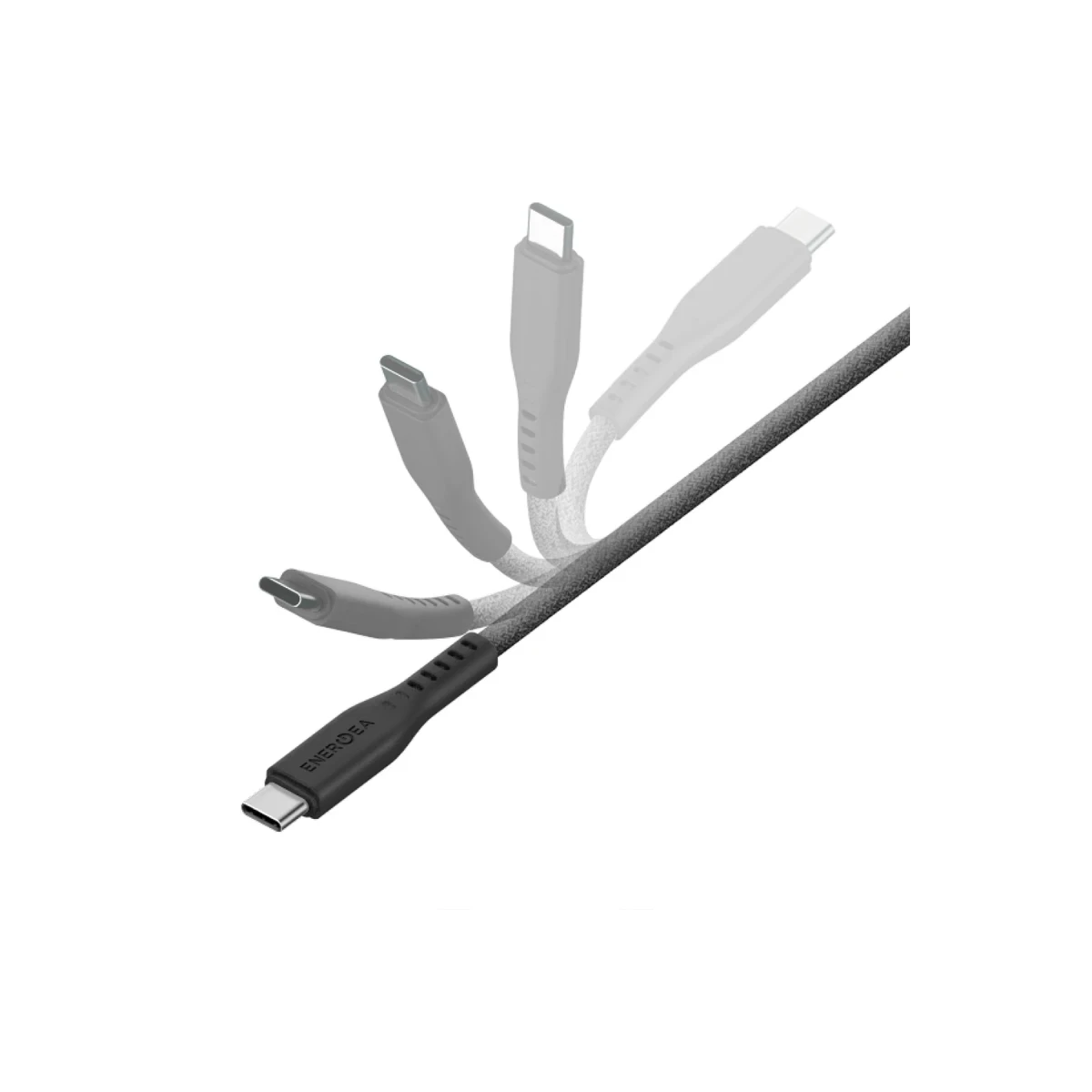 Esnekliğini gösteren çoklu hayalet görünümlü siyah bir USB-C kablosu.