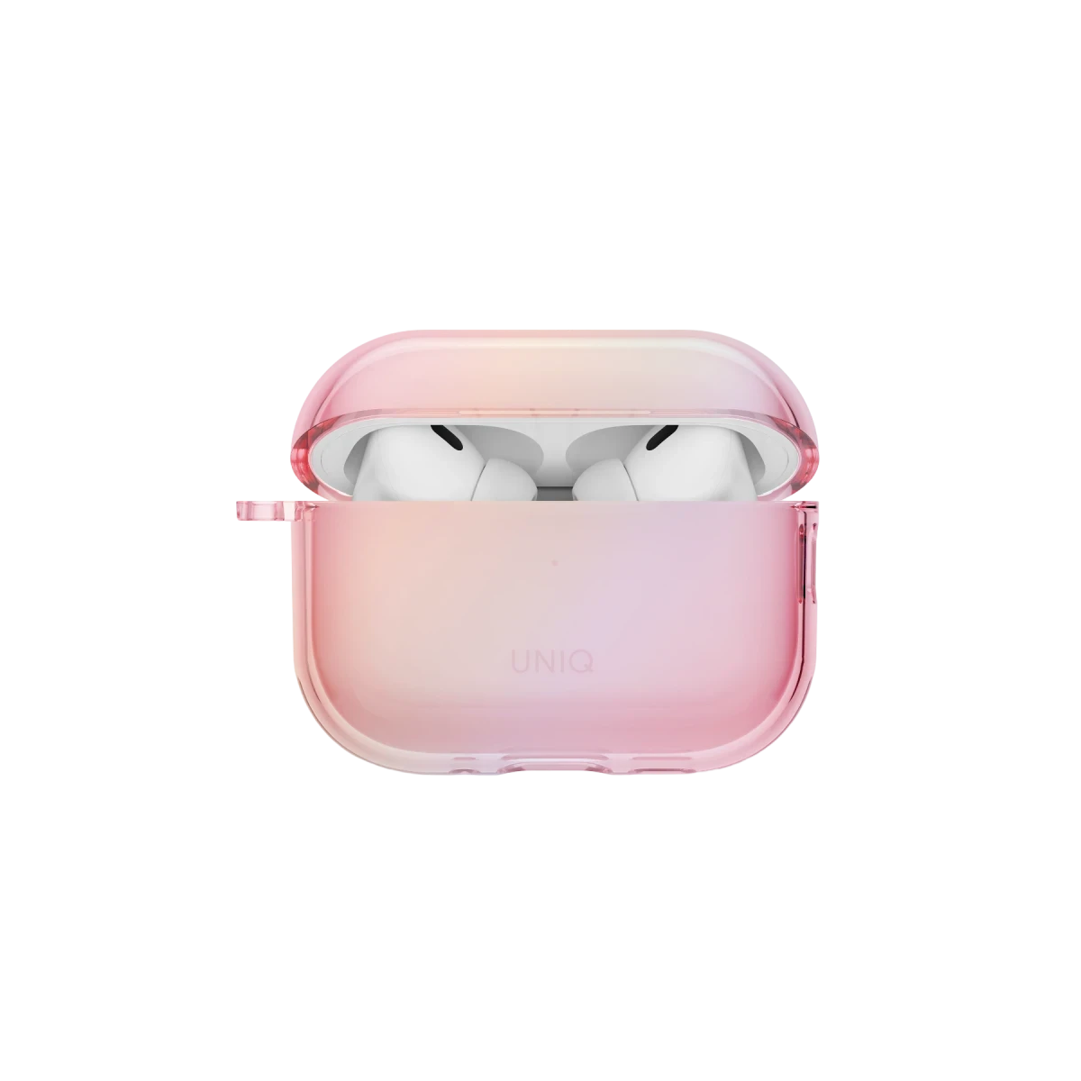 Beyaz kulaklık içeren, kapağı açık pembe bir UNIQ kulaklık kılıfı.