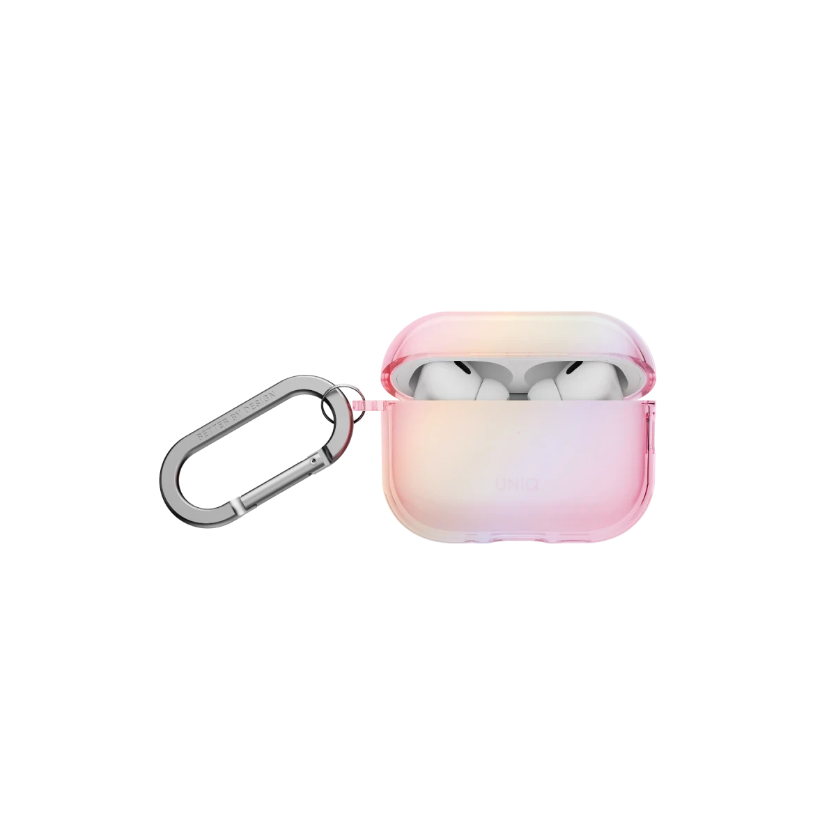 AirPod'lu ve gümüş karabinalı, yarı saydam degrade şarj kutusu.