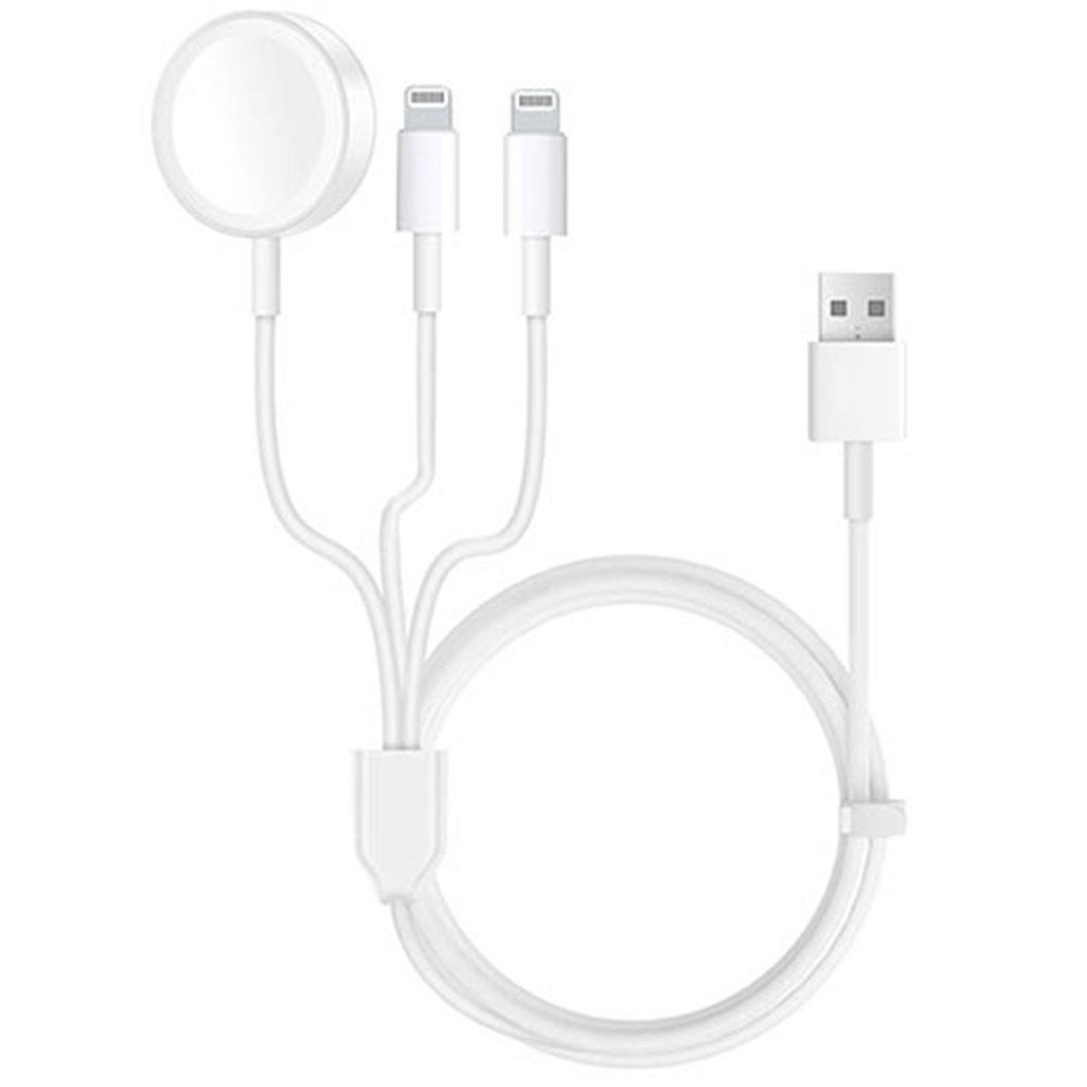 Yuvarlak manyetik konektörlü ve iki Lightning konektörlü beyaz şarj kablosu.