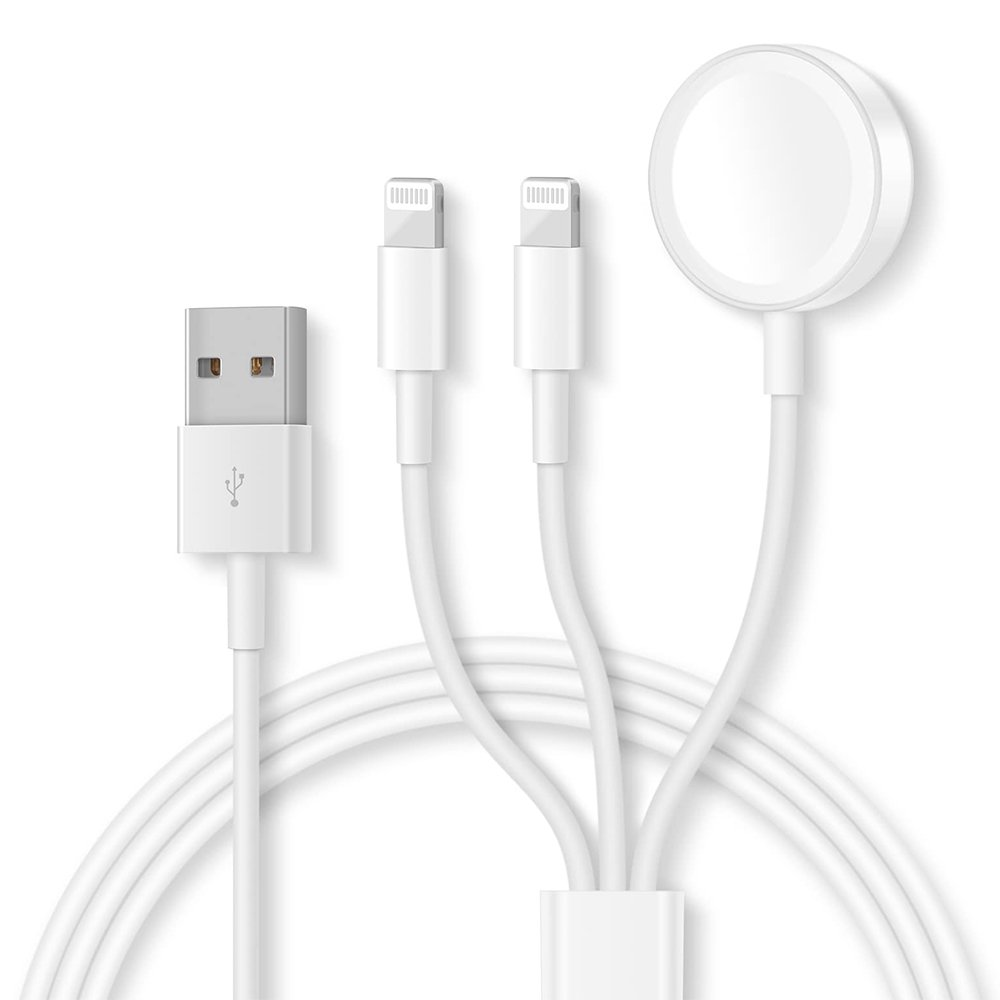 İki Lightning konektörlü ve yuvarlak şarj aparatlı beyaz USB kablosu.