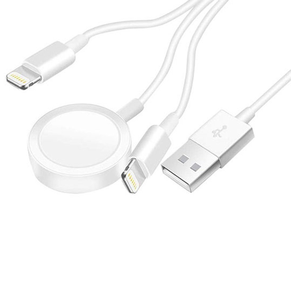 Lightning, USB-C ve manyetik saat şarj cihazı içeren beyaz şarj kablosu.