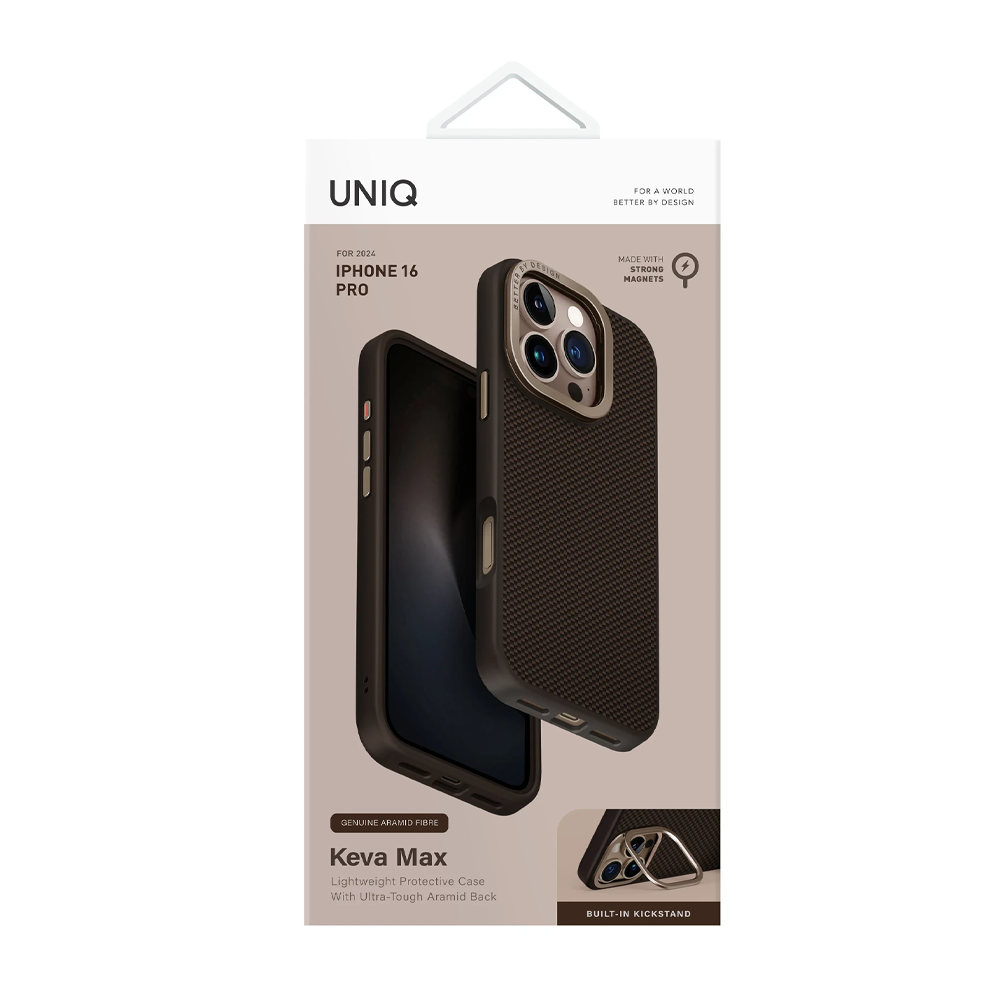 iPhone 16 Pro kılıf ambalajı, karbon fiber dokulu koyu telefon kılıfı ve kickstand gösteriyor.
