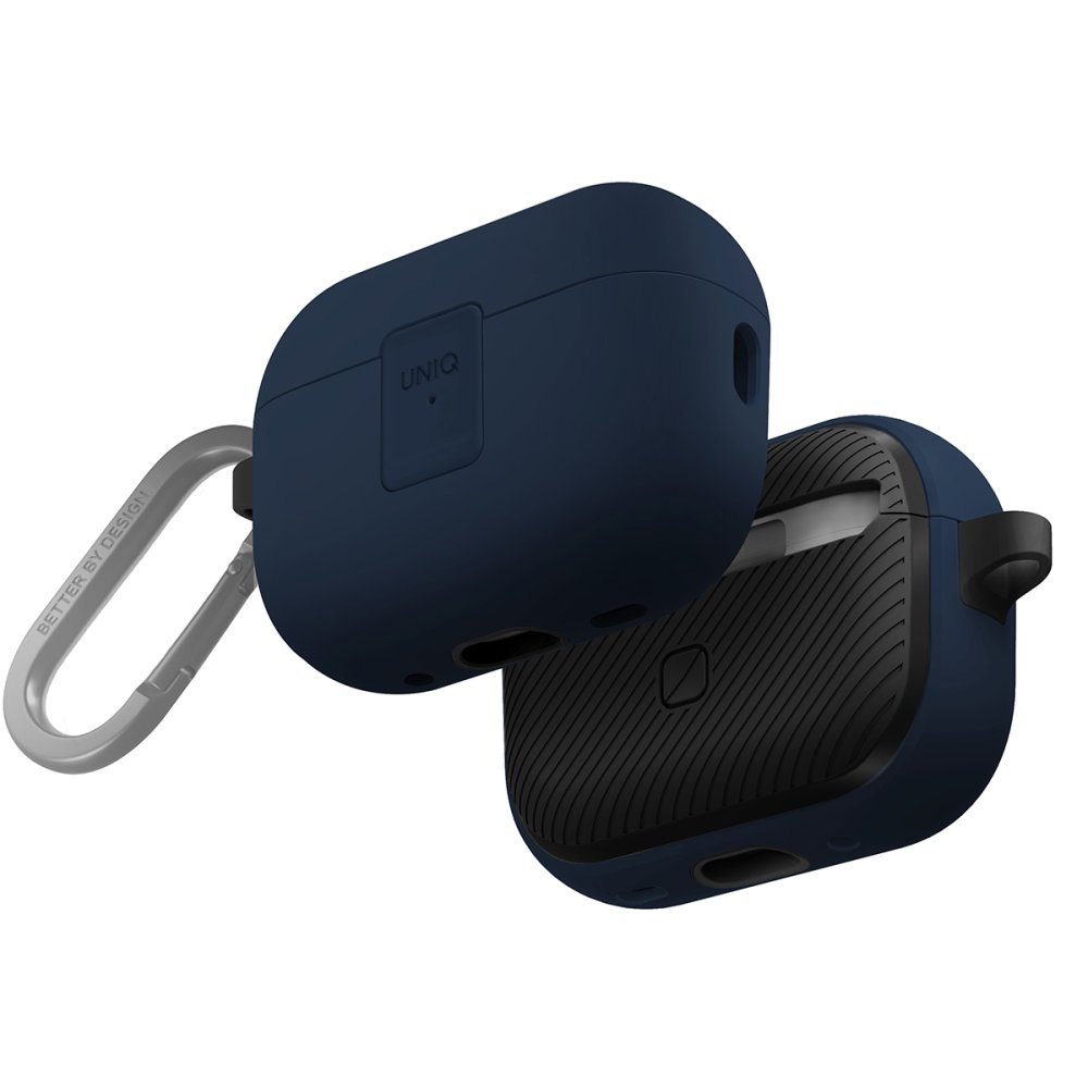Karabinalı, dokulu desenli lacivert AirPods kılıfı.