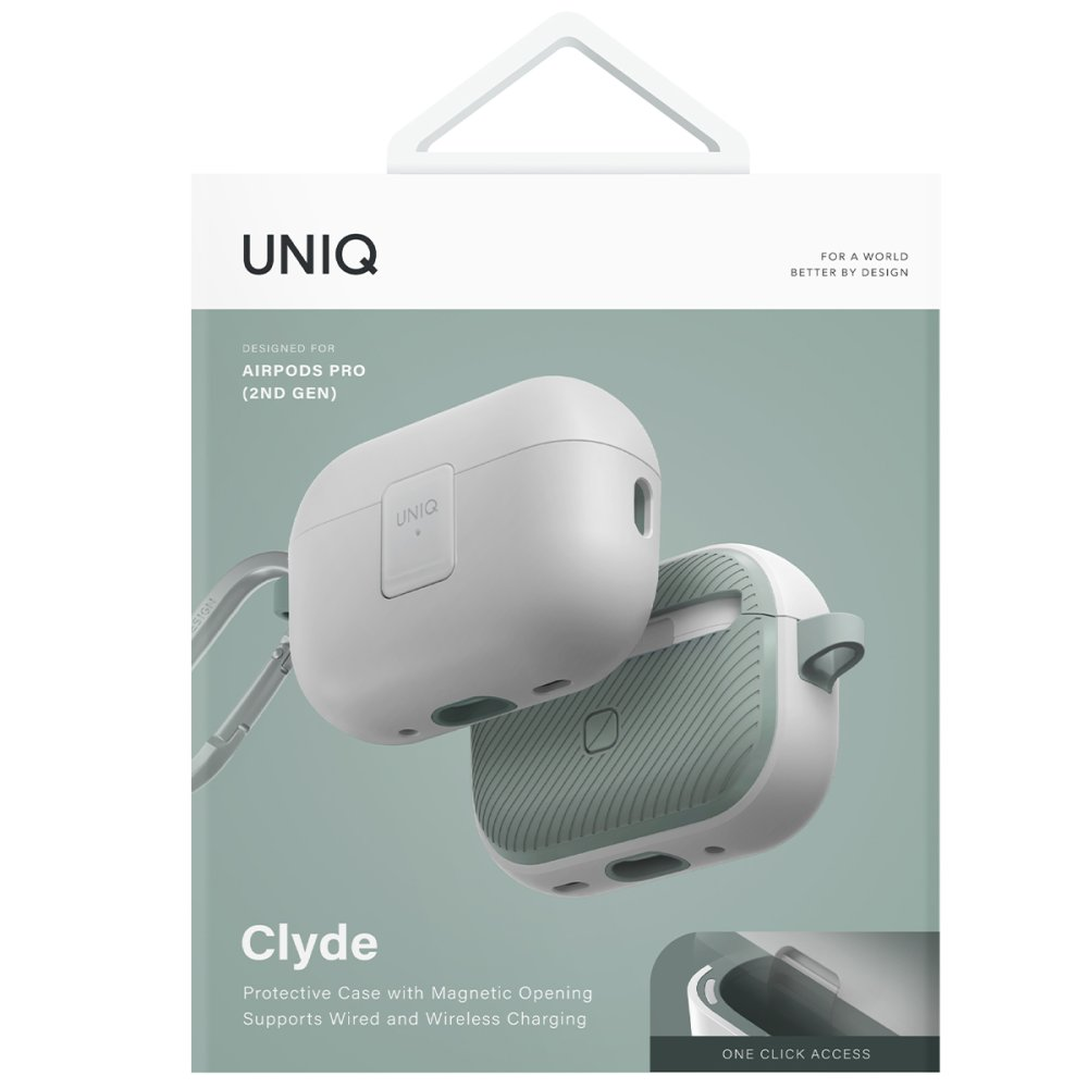 UNIQ logolu beyaz ve yeşil AirPods Pro (2. Nesil) kılıfı.