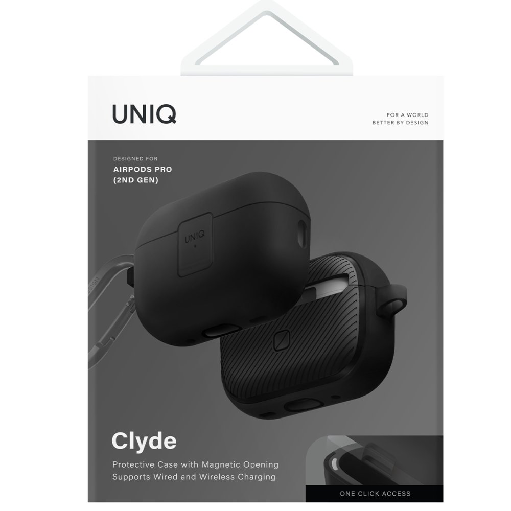 AirPods Pro (2. nesil) için siyah UNIQ Clyde kılıfı, karabinalı.