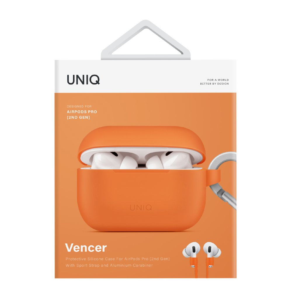 AirPods Pro (2. Nes) için turuncu UNIQ kılıfı ve karabina.
