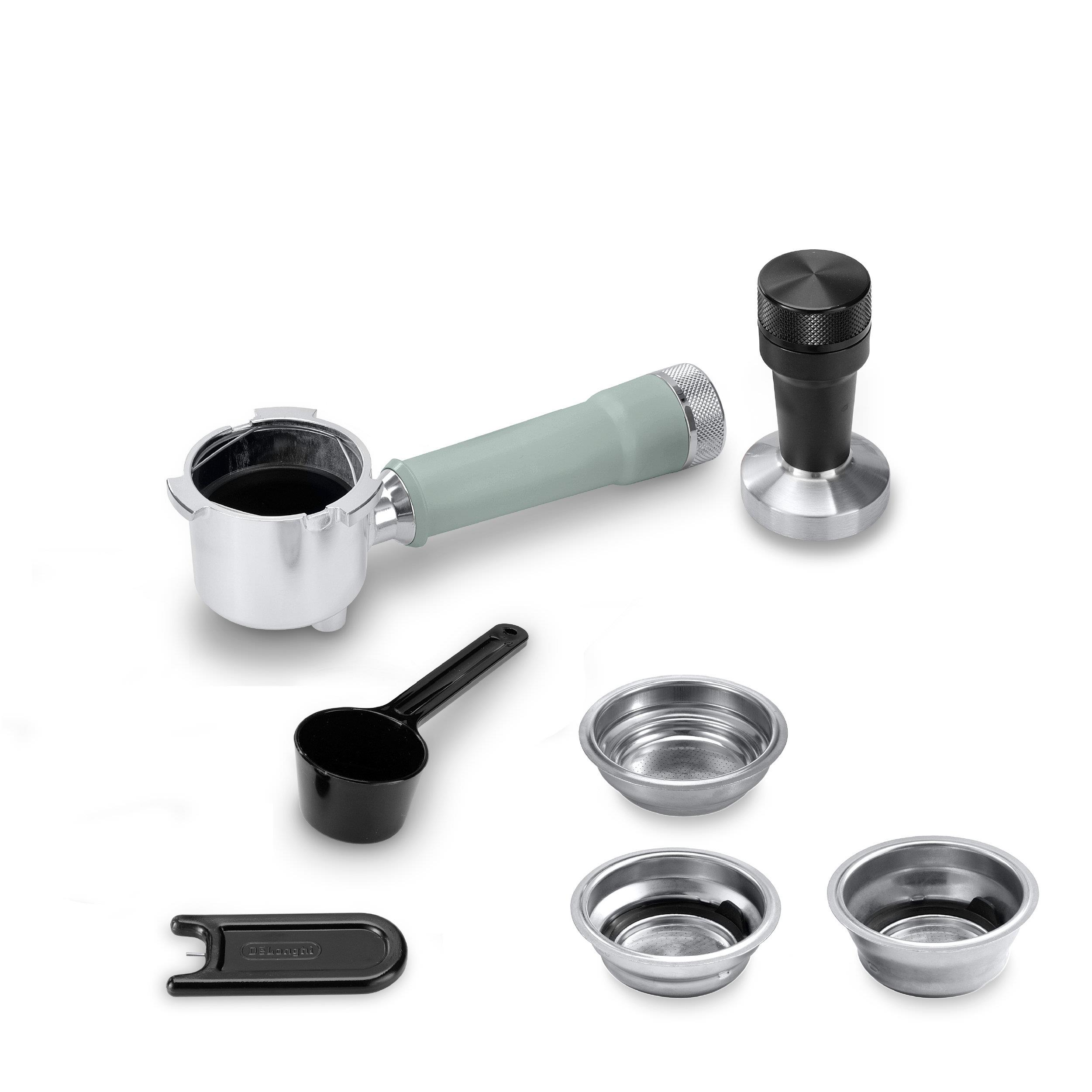 Espressomaschinenzubehör: Siebträger, Tamper, Löffel, Einsätze.