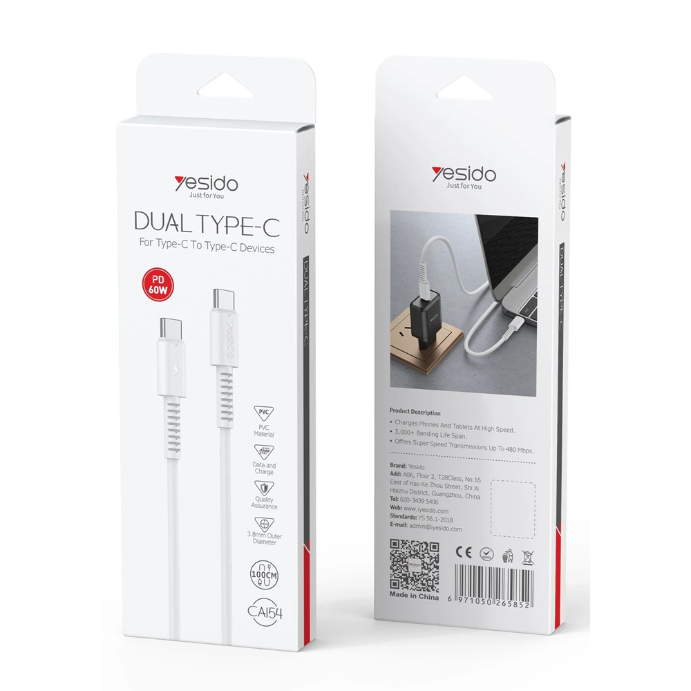 Confezione di un cavo bianco Dual Type-C con ricarica PD da 60W.