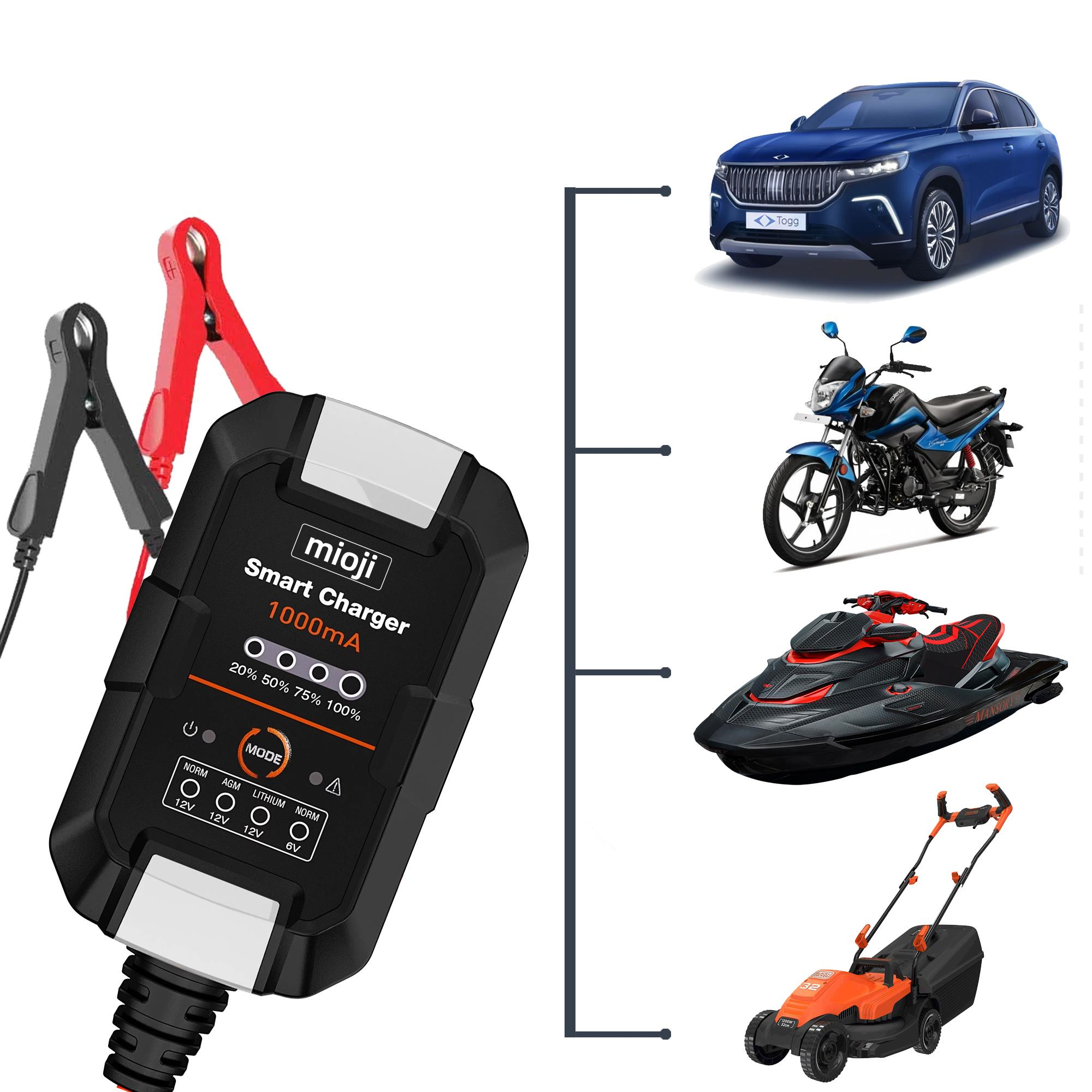 Kelepçeli bir şarj cihazı, mavi bir araba, motosiklet, jet ski ve çim biçme makinesi.