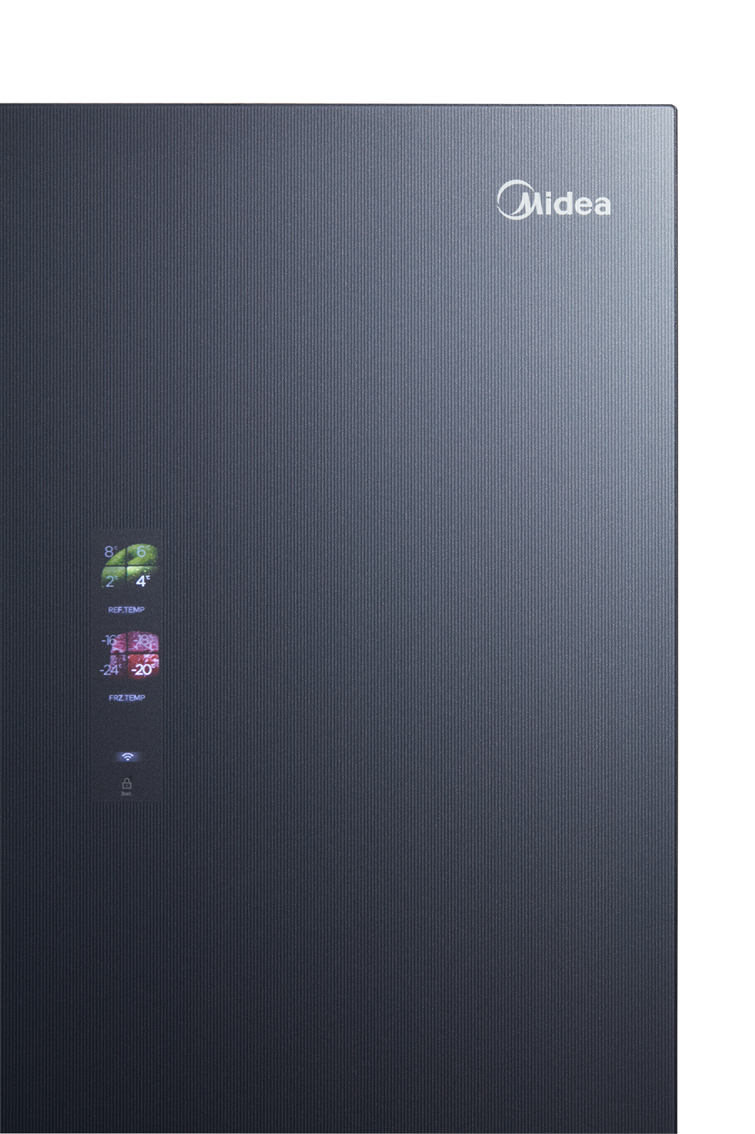Logo Midea sobre pantalla de temp. del refrigerador 8C, 6C, 4C y 2C.