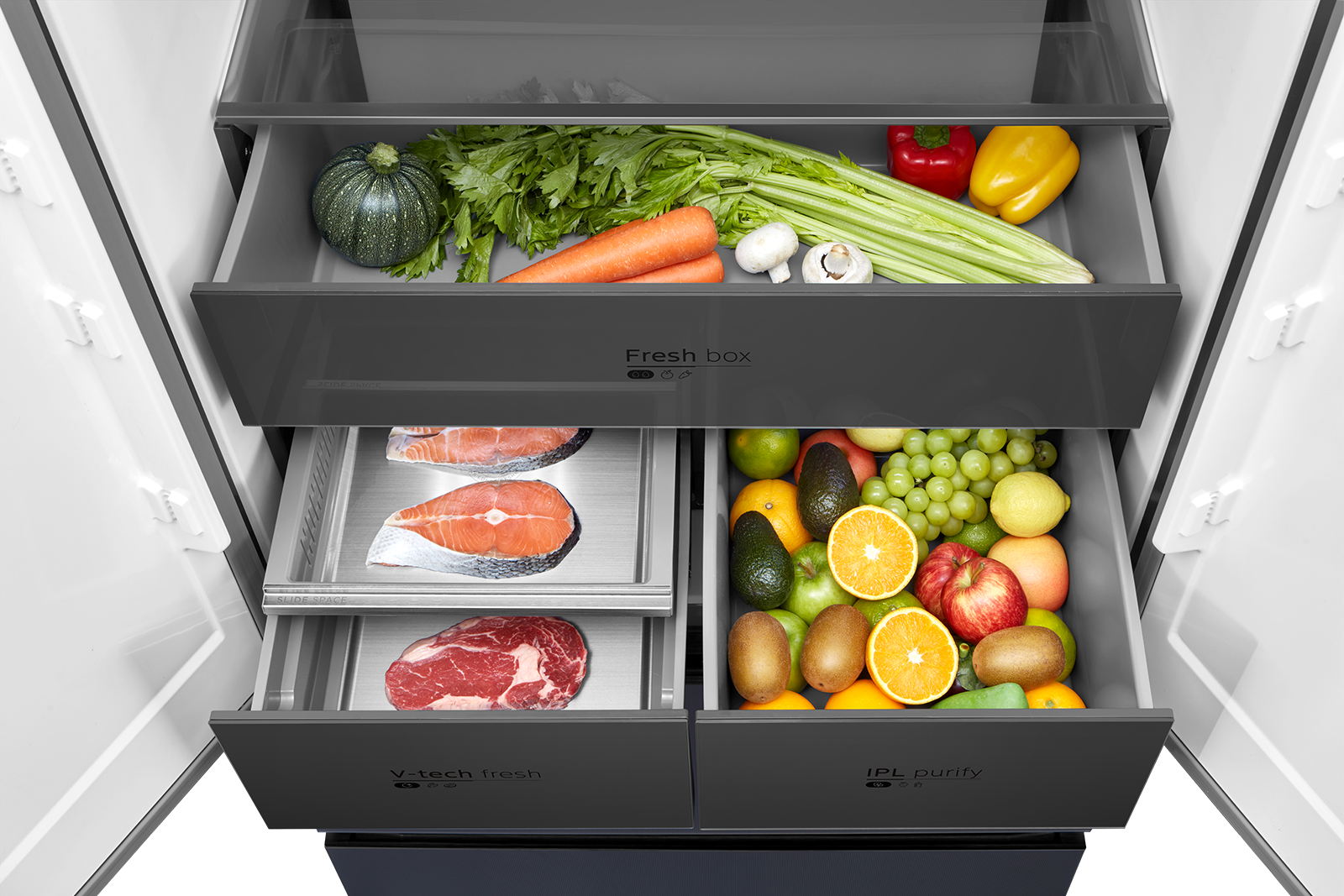 Cajones de refrigerador con frutas, verduras, pescado y carne cruda.