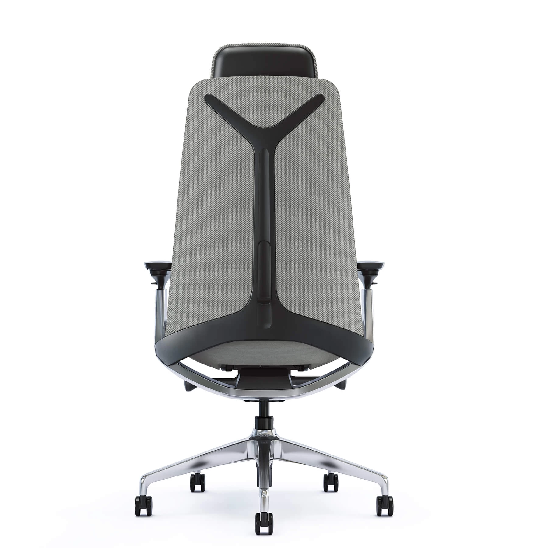 Widok z tyłu szarego fotela biurowego z czarnym zagłówkiem i kółkami.