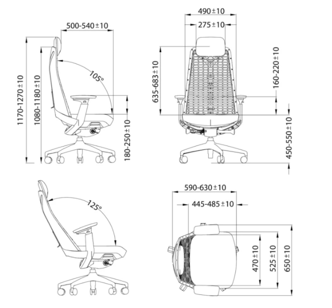 Rysunek techniczny krzesła biurowego z wymiarami i kątami.