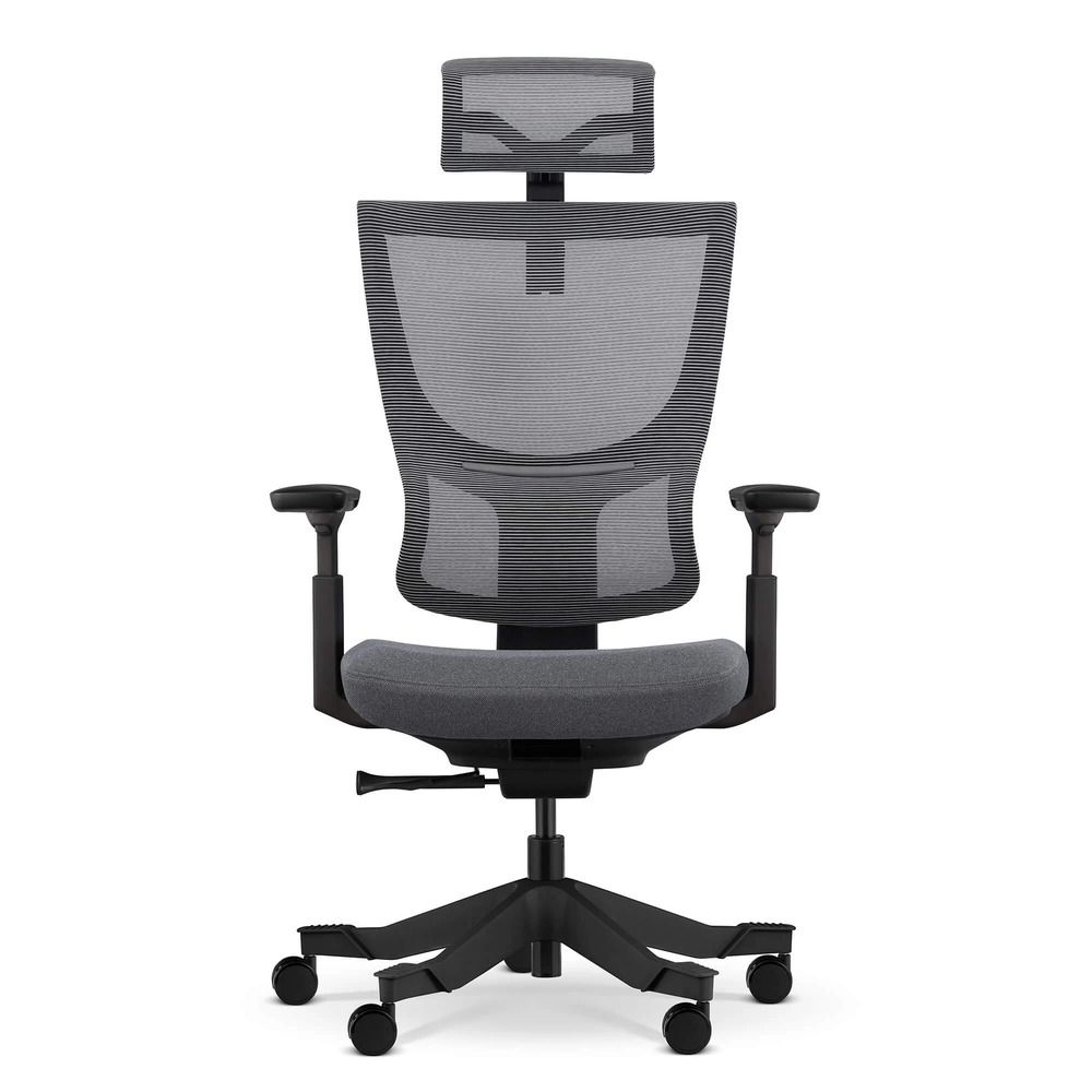 Nowoczesne szare krzesło biurowe z siatkowanym oparciem i zagłówkiem.