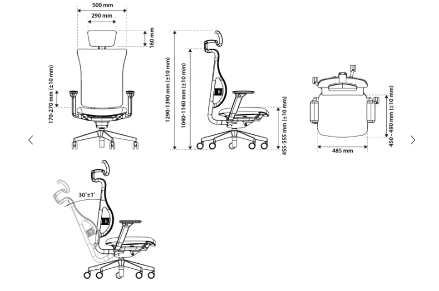 Rysunek techniczny krzesła biurowego z wymiarami w mm i stopniach.
