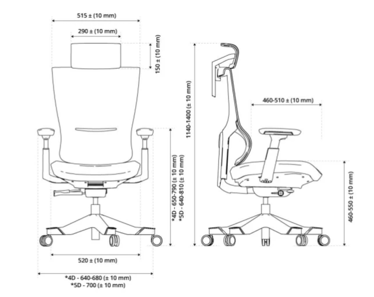 Diagram krzesła biurowego z wymiarami i pomiarami.