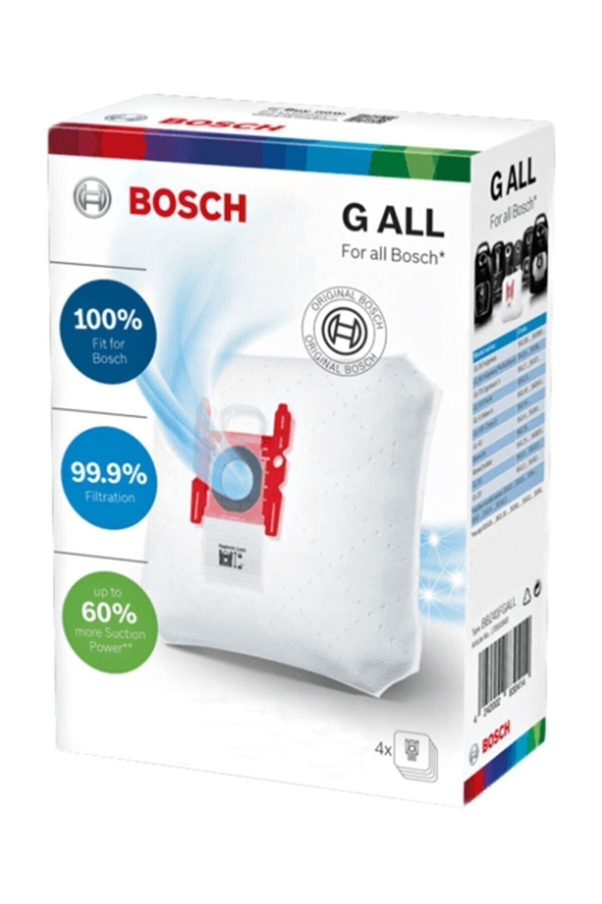 Bosch G ALL elektrikli süpürge torbaları: %100 uyum, %99.9 filtrasyon, %60'a varan güç.