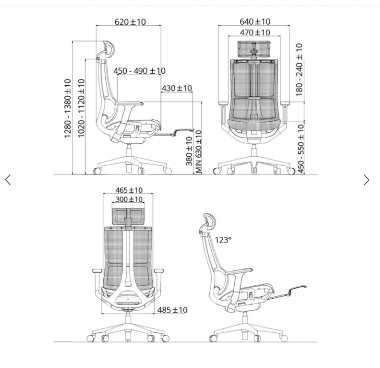 Rysunek techniczny krzesła biurowego z wymiarami w różnych widokach.