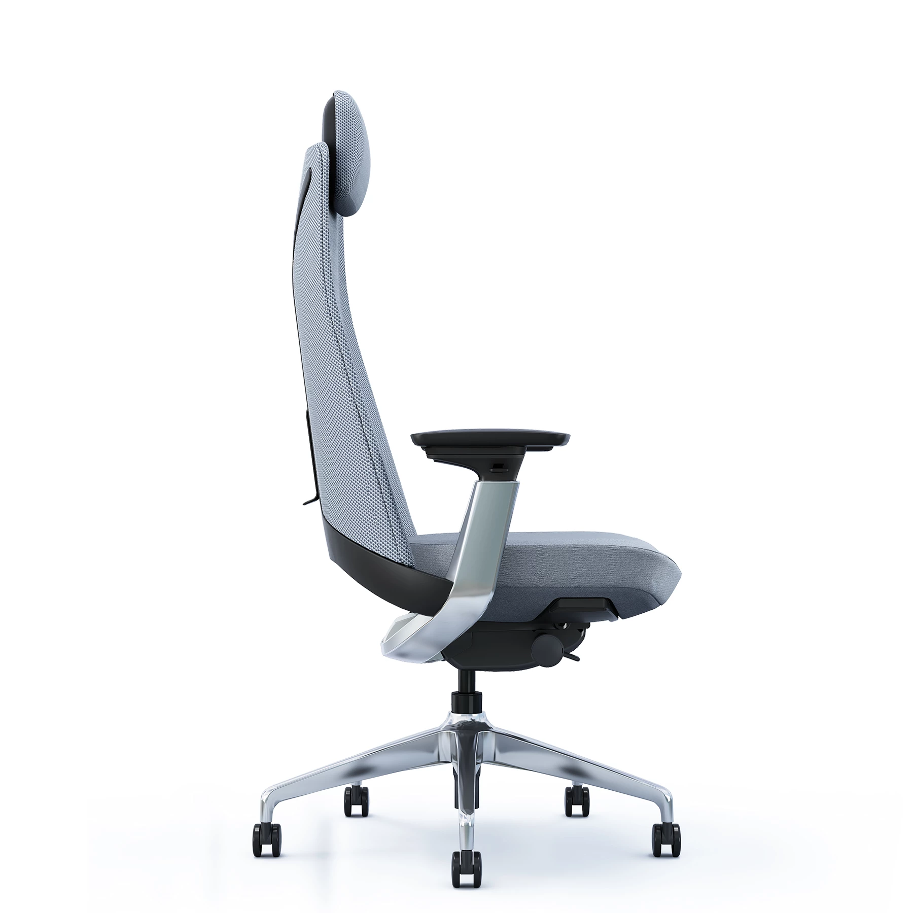 Szare krzesło biurowe z siatkowym oparciem, regulowanym zagłówkiem i srebrną podstawą.