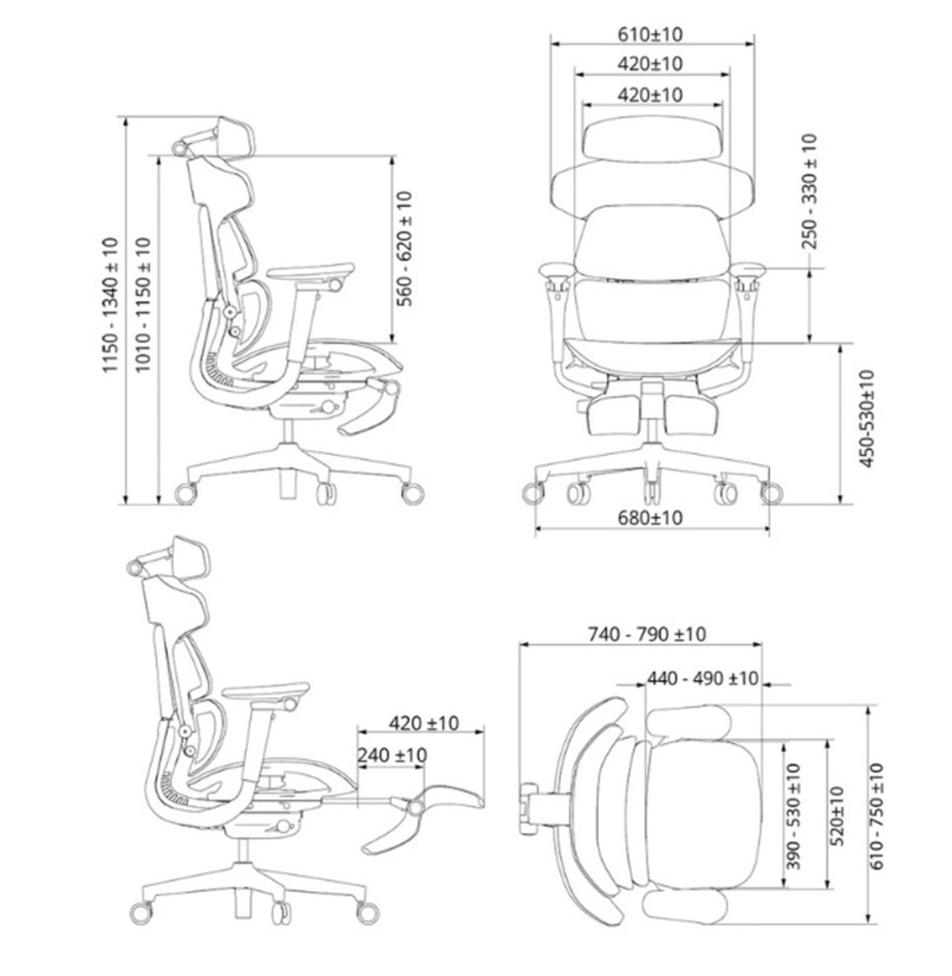 Rysunek techniczny krzesła biurowego z wymiarami w różnych widokach.